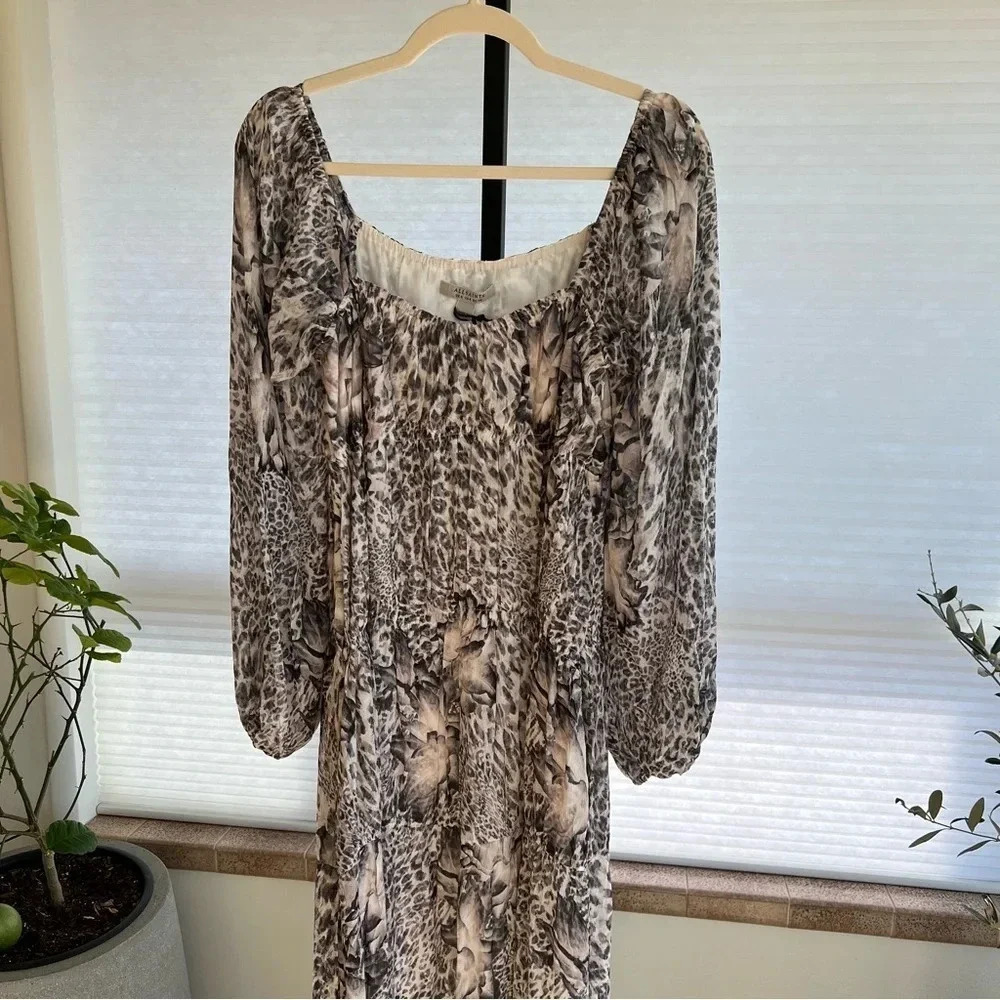 All Saints Amara Laertes Midi Dress Grey Ecru Cheetah 4 NWT Spring Neutral Chic - Picture 4 of 8